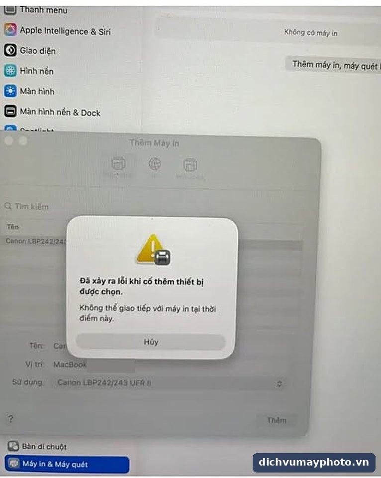 Hộp thoại lỗi thêm máy in Canon LBP242/243 UFR II trên macOS