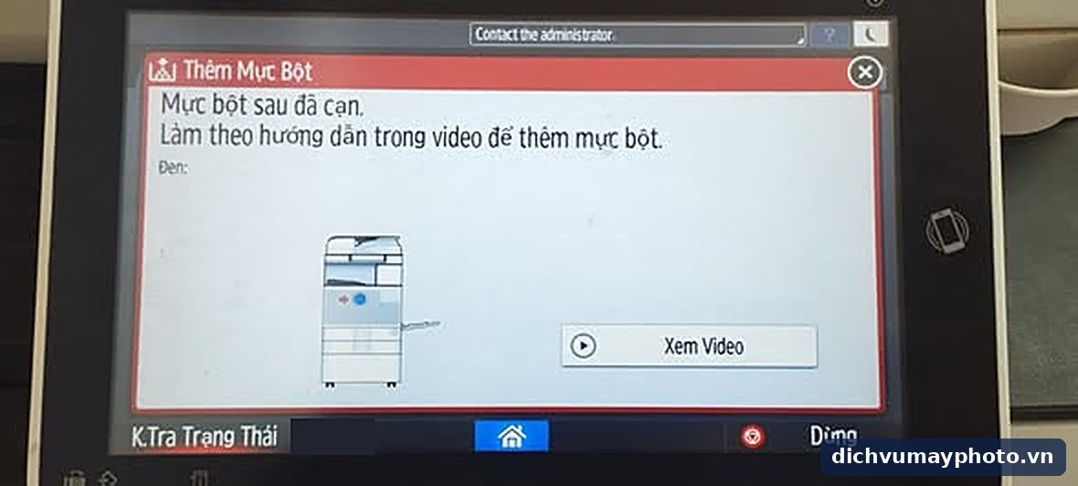 Màn hình máy photocopy Ricoh báo Thêm Mực Bột - Mực bột sau đã cạn
